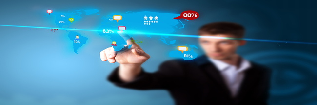 Portfolio Businessman pressing social media button on digital map